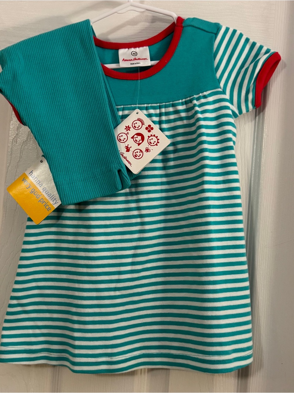 NWT Hanna Andersson Teal & White Red Trim Striped Dress with Teal Short Leggings